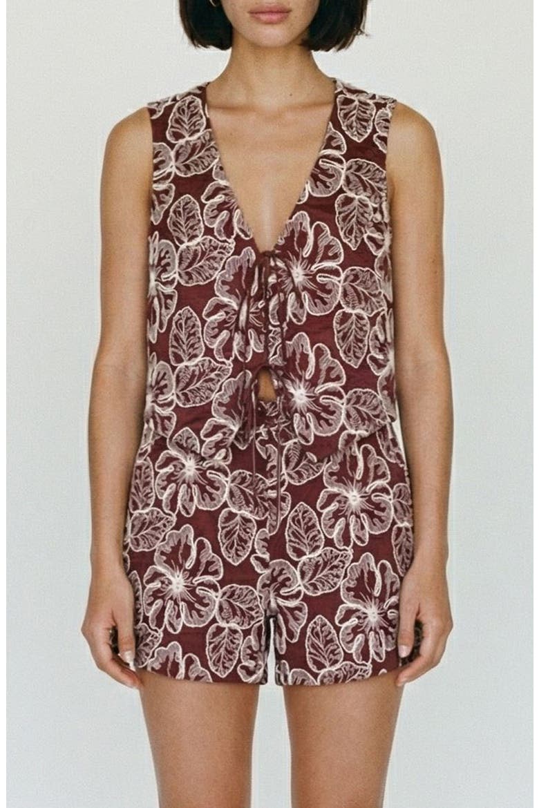 Millia Floral Embroidered Tie Front Top, Main, color, ANDORRA DETAILOATMEAL EMBROIDE