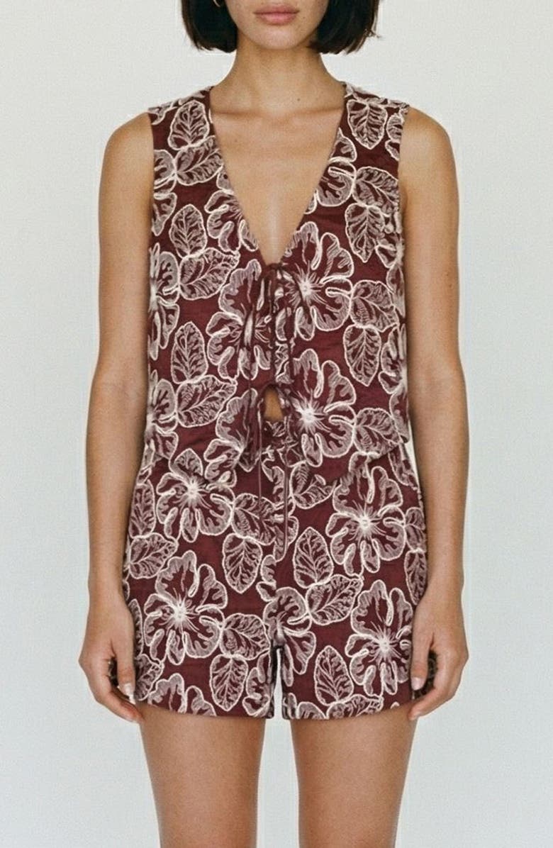 VERO MODA Millia Floral Embroidered Tie Front Top, Main, color, Andorra Detailoatmeal Embroide