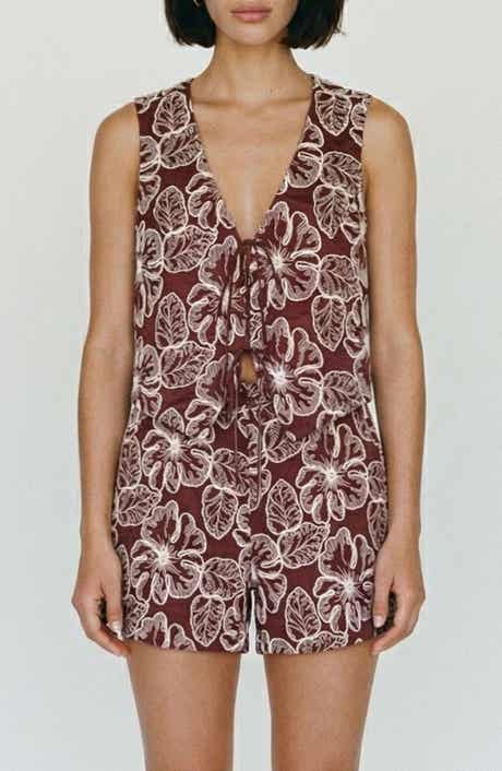 Millia Floral Embroidered Tie Front Top