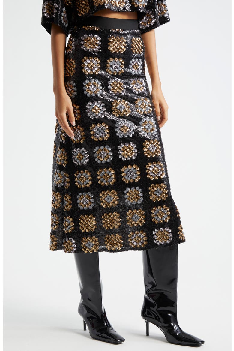 Sequin Midi Skirt, Alternate, color, BLACK GOLD