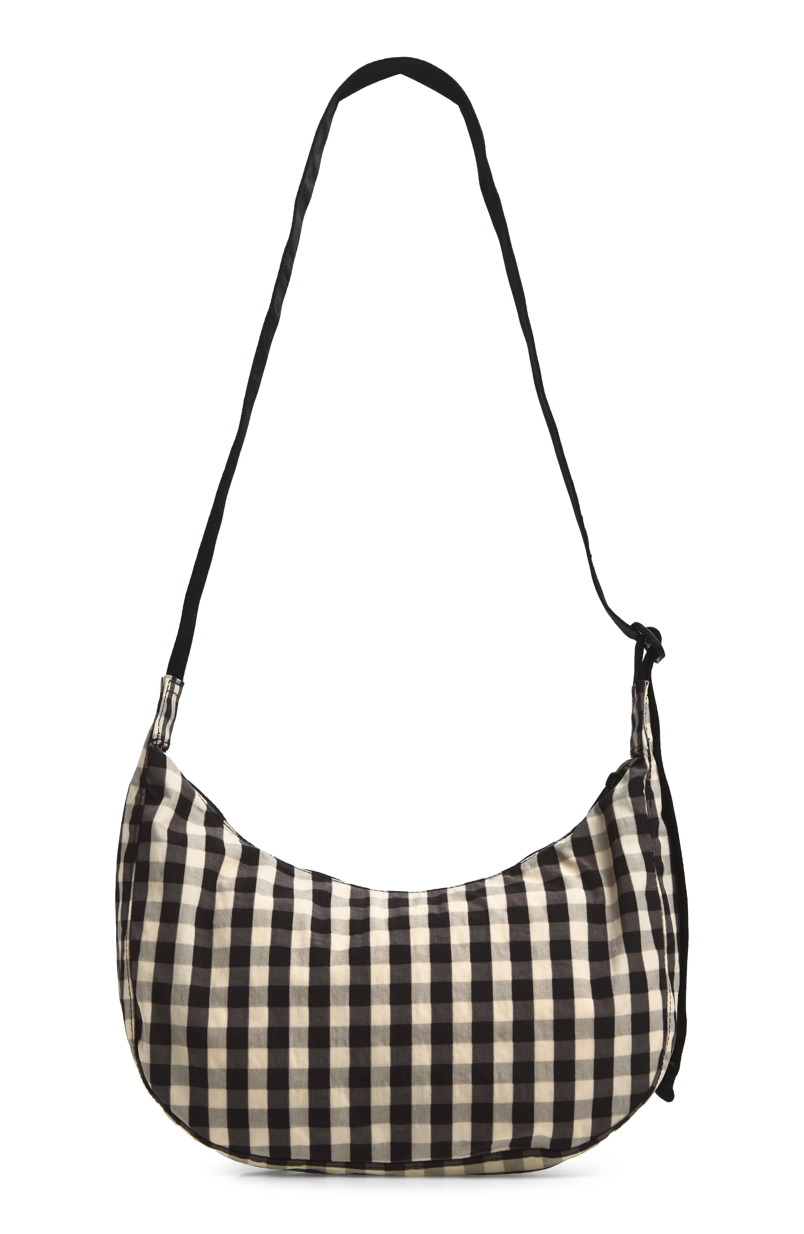 Medium Crescent Recycled Nylon Crossbody Bag, Alternate, color, BLACK AND CREAM GINGHAM