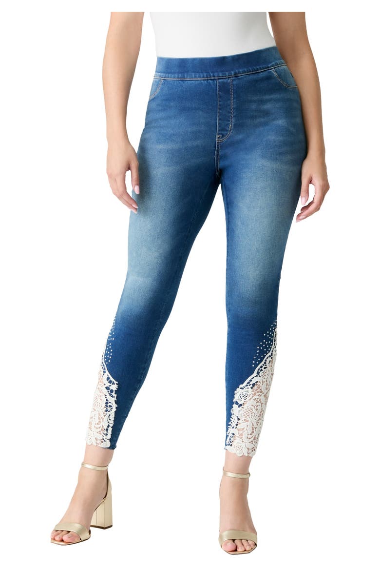 Plus Size 360° Stretch Lace Applique Jean, Main, color, MEDIUM STONEWASH LACE
