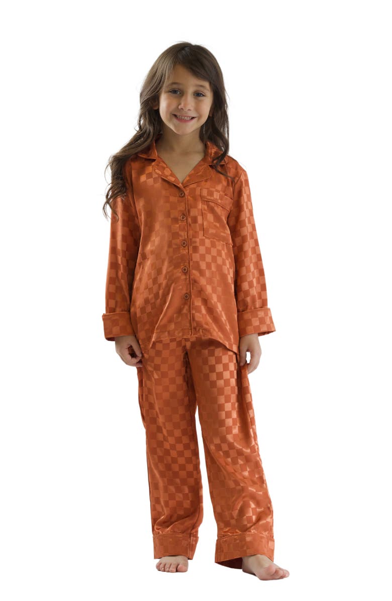 Mia Belle Girls Girls  Pumpkin Spice Checkered Silk Pajamas, Main, color, Orange