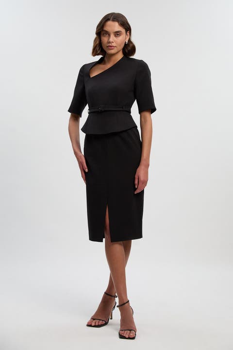 Asymmetric Neck Belted Pencil Midi Dress