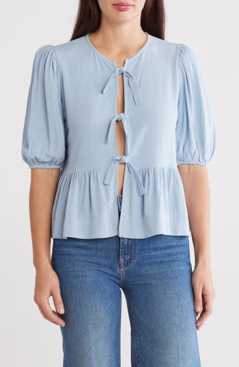Renee C Tie Front Peplum Top In Sky Blue
