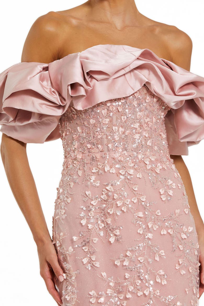 Beaded Applique Off The Shoulder Mermaid Gown, Alternate, color, Rose