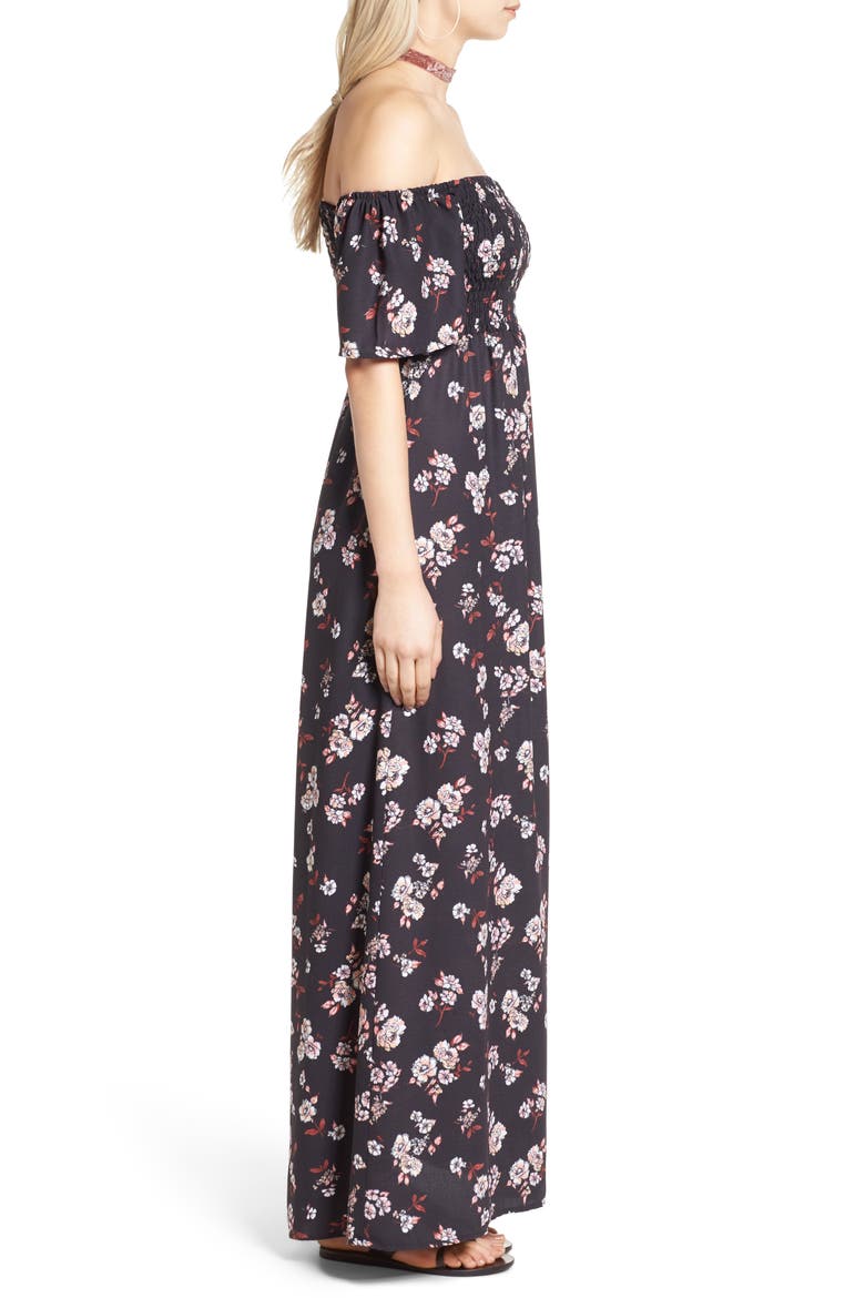 Smocked Off the Shoulder Maxi Dress, Alternate, color, BLACK FLORAL