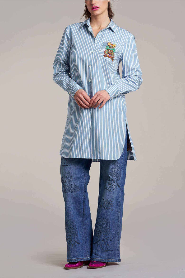 Striped Long Shirt With Silk Back, Alternate, color, Steel