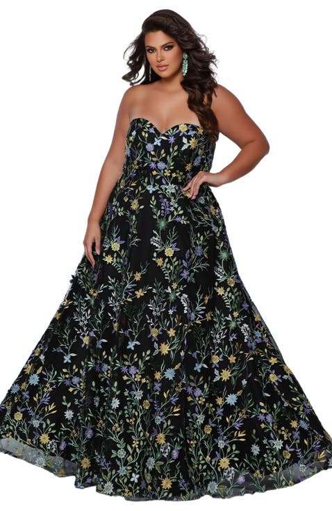 Floral Sweetheart Neckline Plus Size A-Line Gown