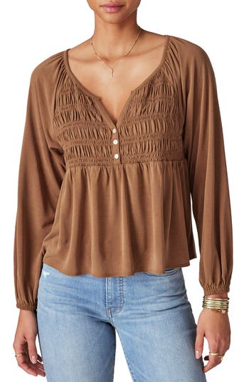 Lucky Brand Smocked Sandwash Top In Brown
