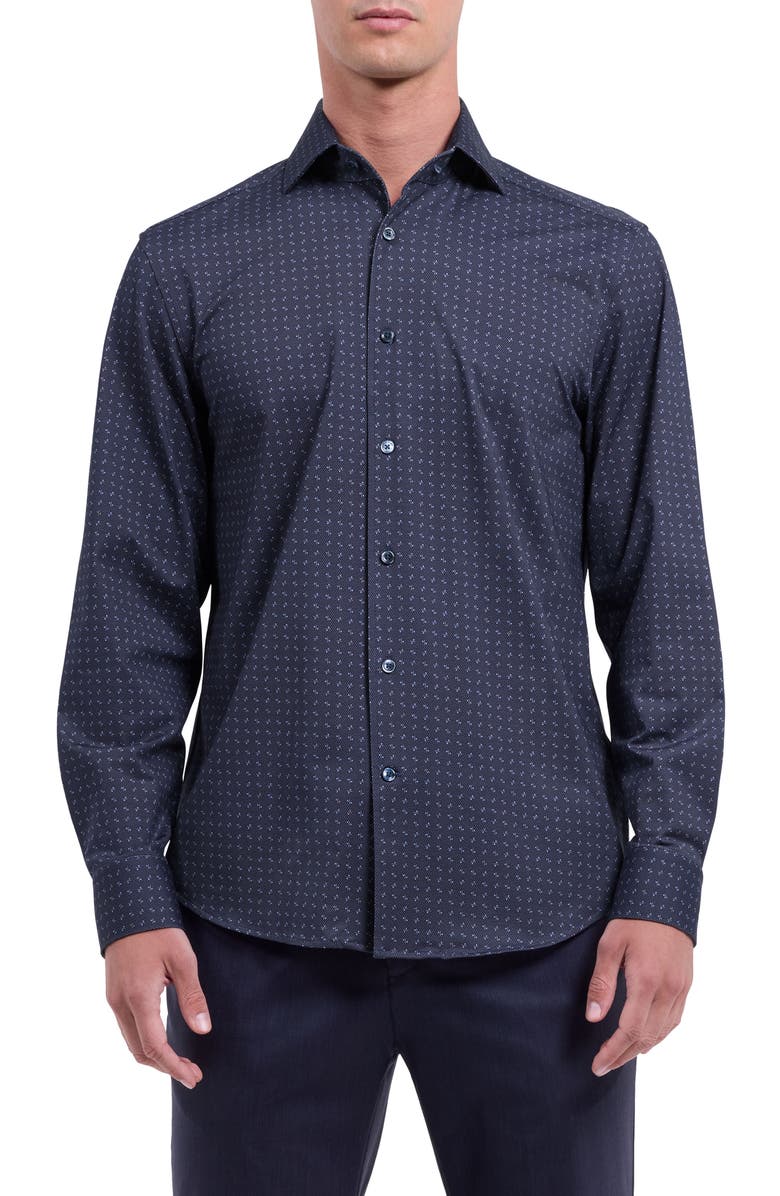 Bugatchi Devon OoohCotton<sup>®</sup> Geo Print Button-Up Shirt, Main, color, Night Blue