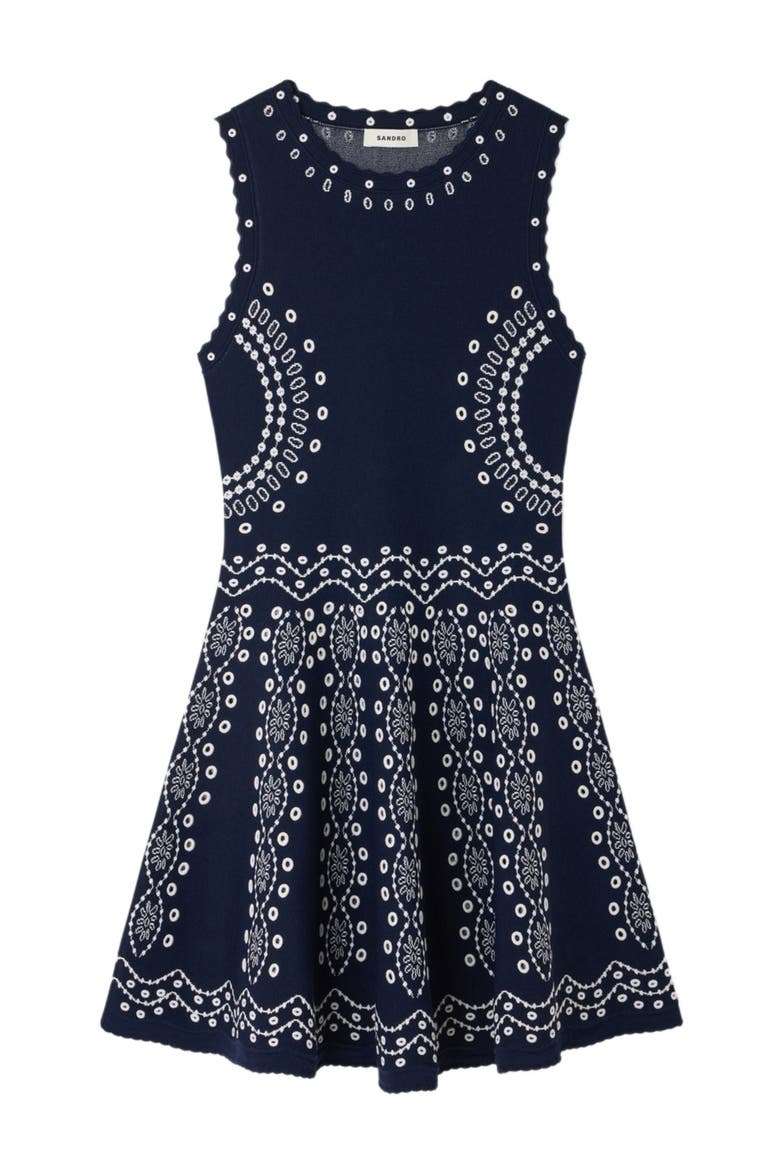 Scarf-print knit short dress, Alternate, color, Navy blue