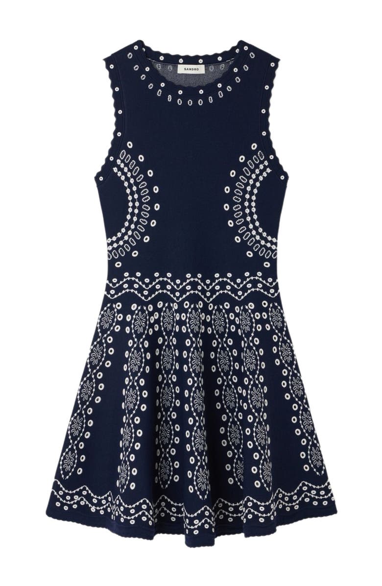 SANDRO Scarf-print knit short dress, Alternate, color, Navy Blue