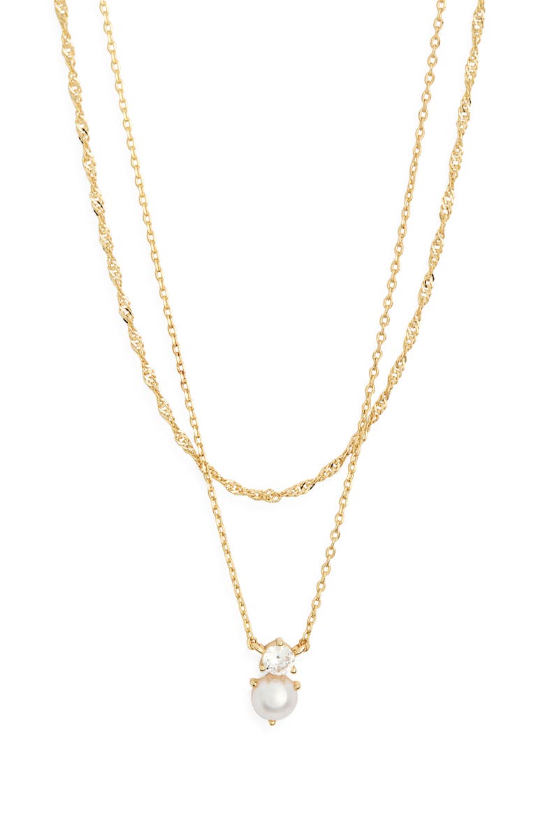 NORDSTROM RACK Cubic Zirconia & Faux Pearl Pendant Necklace, Alternate, color, Clear- White- Gold