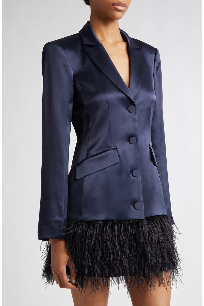 Joel Feather Hem Long Sleeve Satin Blazer Minidress, Alternate, color, NAVY