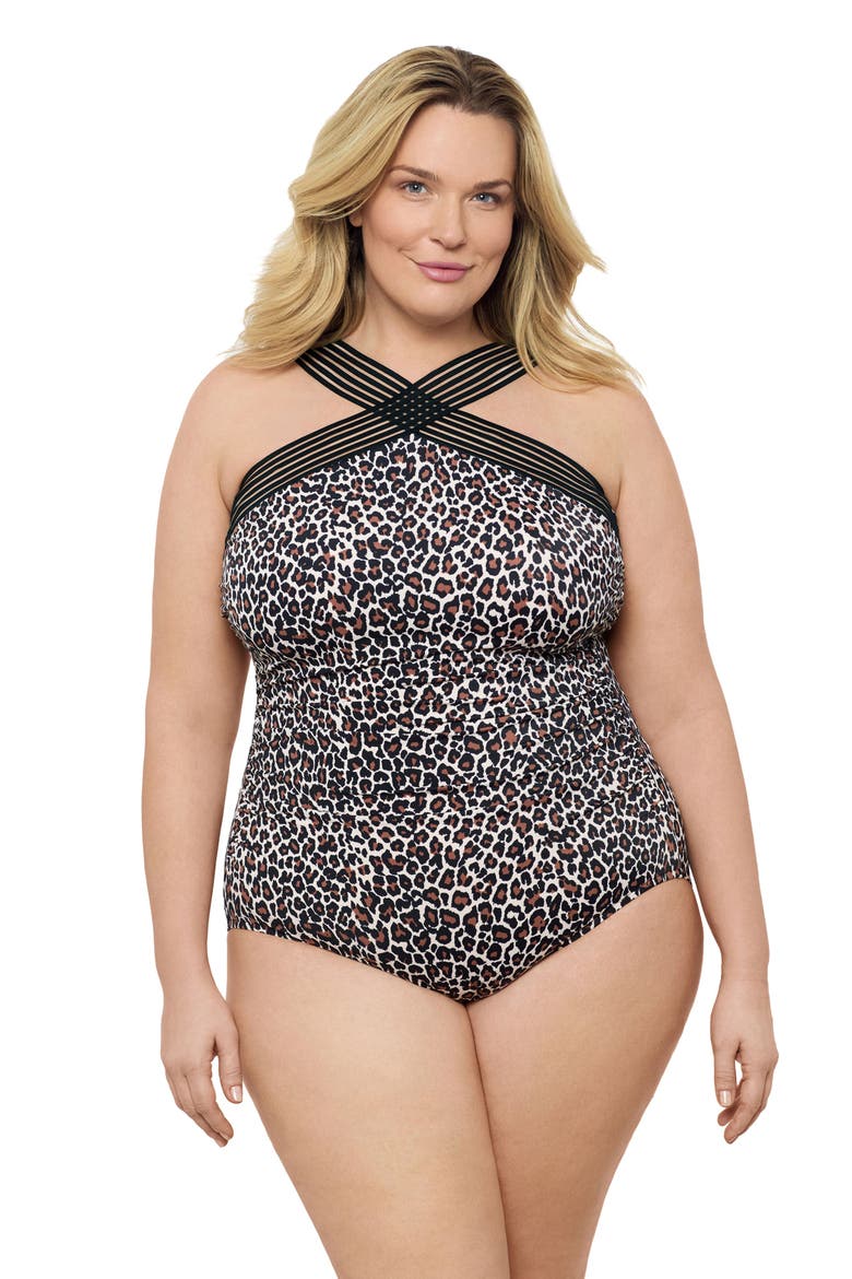 High Criss Cross Neck Full Coverage Novelty Trim One-Piece Swimsuit, Alternate, color, Desert Leopard