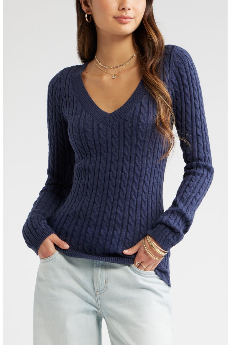 Cable Stitch V-Neck Sweater, Main, color, NAVY INDIGO