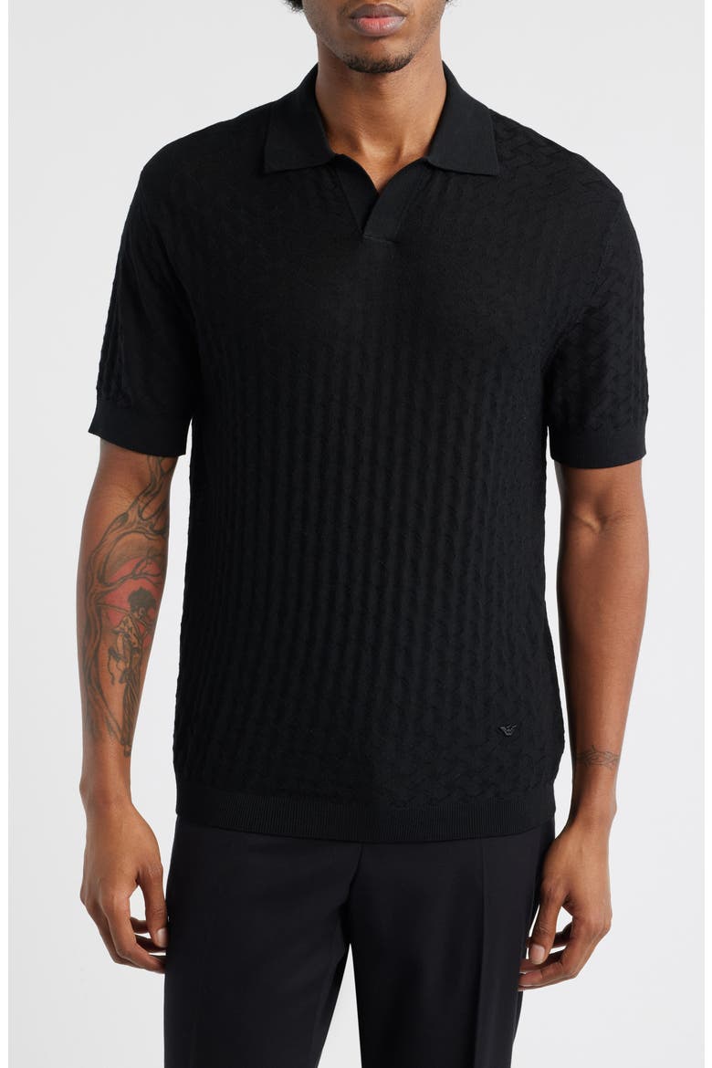 Basket-Weave Stitch Johnny Collar Virgin Wool Polo Sweater, Main, color, SOLID BLACK