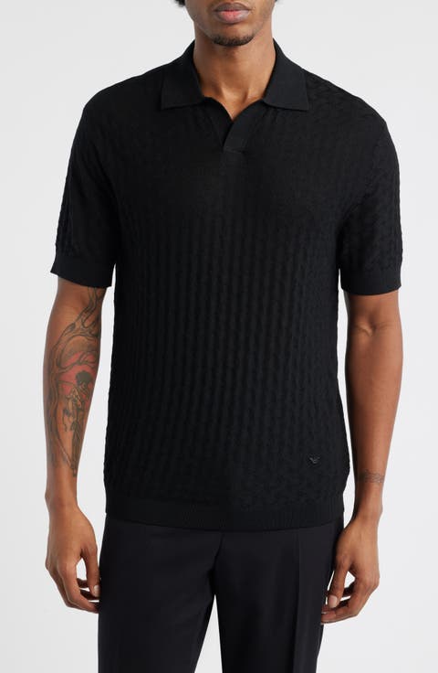 Basket-Weave Stitch Johnny Collar Virgin Wool Polo Sweater