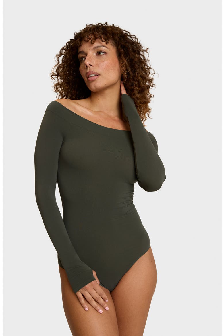 Off the Shoulder Ballet Bodysuit, Alternate, color, HAZEL