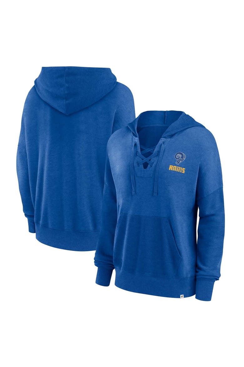 Women's Fanatics Branded Royal Los Angeles Rams Heritage Snow Wash French Terry Lace-Up Pullover Hoodie, Main, color, Royal