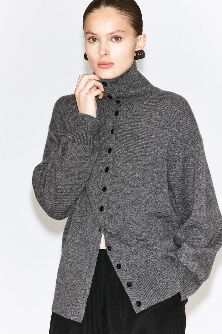Sculpted Cashmere Mock-neck Cardigan, Alternate, color, GRAY MÉLANGE