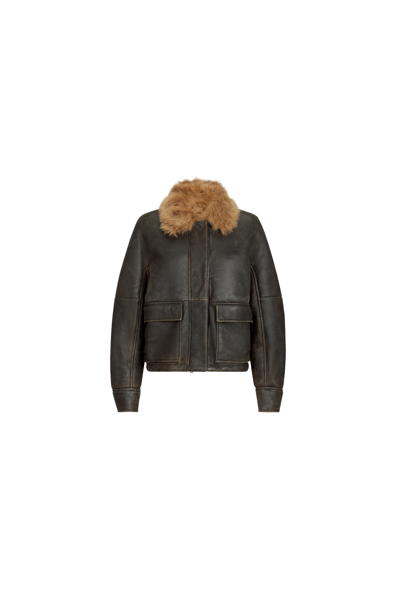 Vintage-effect shearling aviator jacket with monili, Alternate, color, Vintage Brown