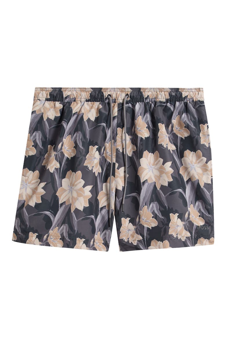 Iris Floral Swim Trunks, Main, color, BLACK