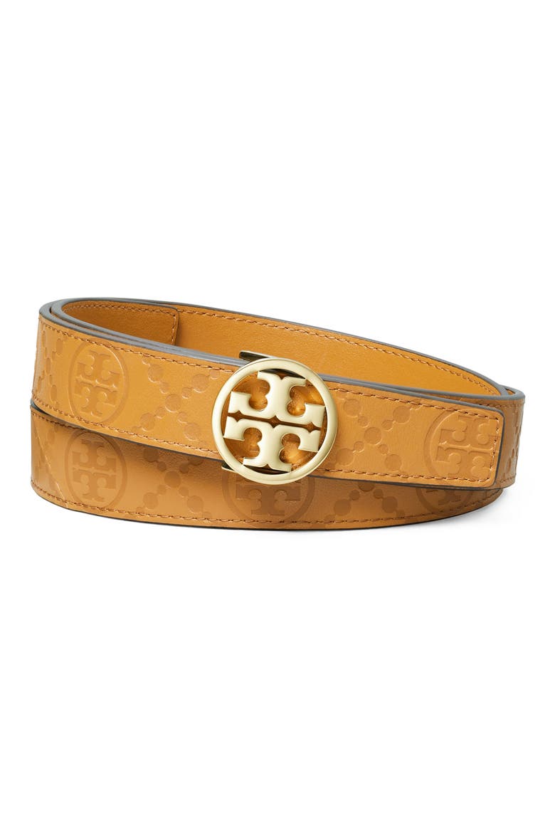 Miller Debossed T Monogram Leather Belt, Main, color, TAN/ GOLD