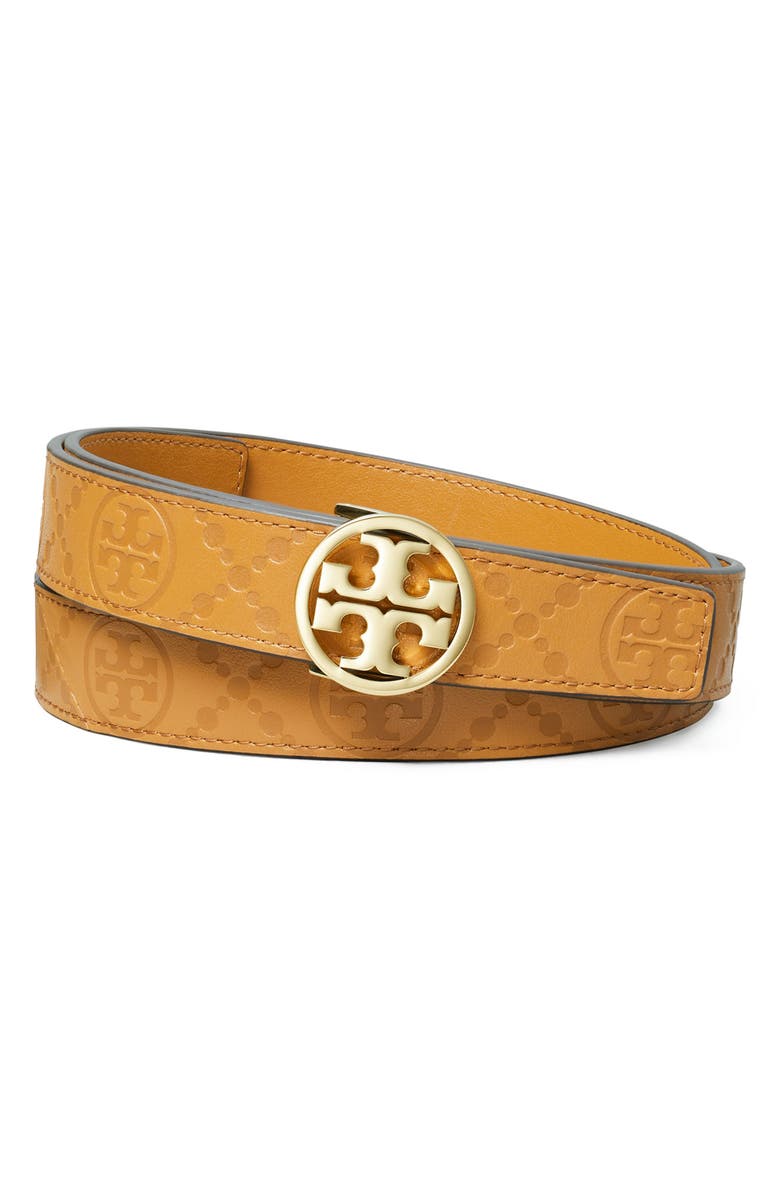 Tory Burch Miller Debossed T Monogram Leather Belt, Main, color, Tan/ Gold