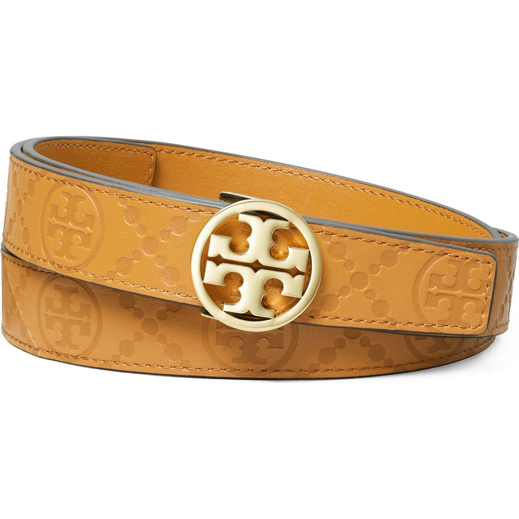 Shop Tory Burch Miller Debossed T Monogram Leather Belt In Tan/gold