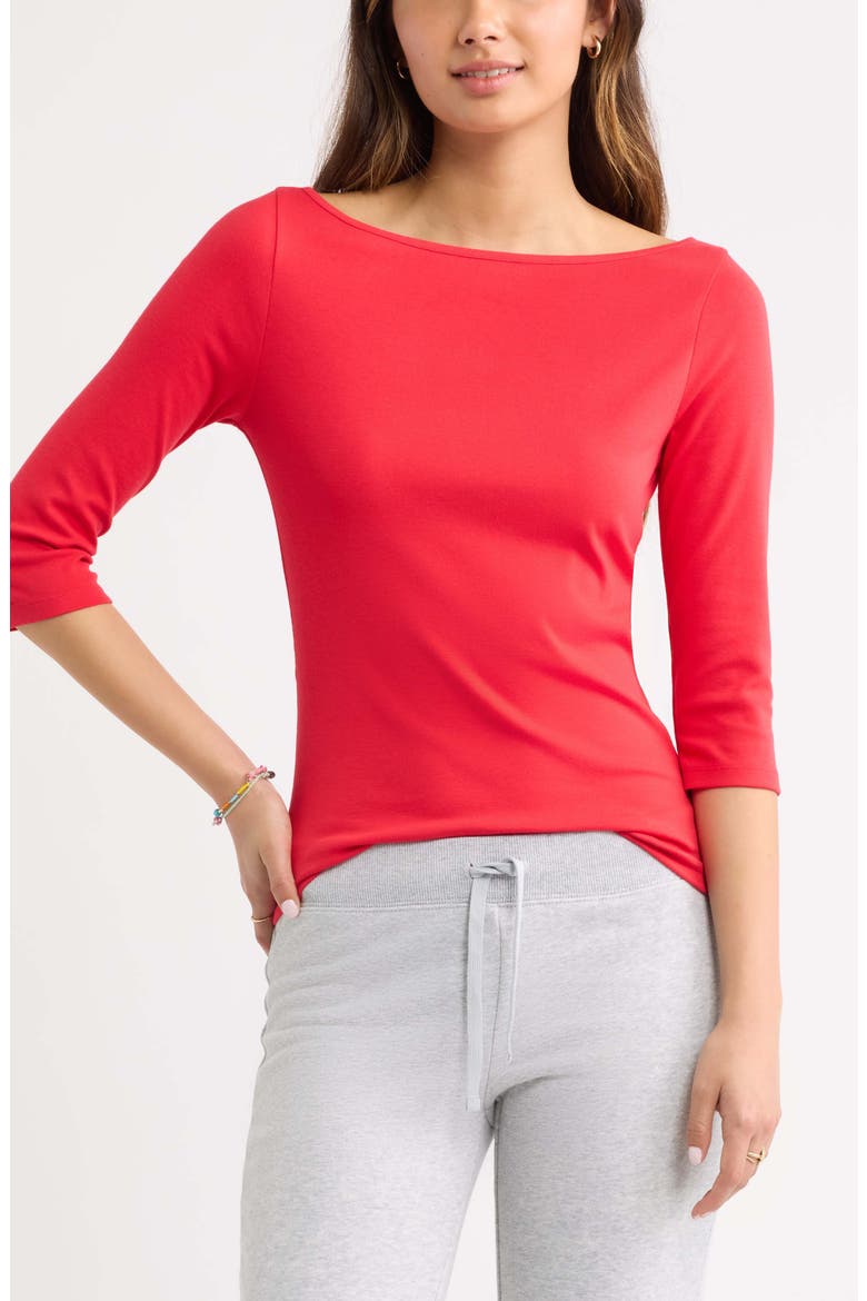Boat Neck Three-Quarter Sleeve Top, Main, color, RED FESTIVE