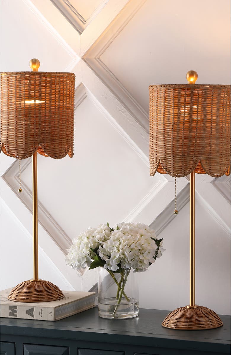 JONATHAN Y Celerie 27.5" Coastal Bohemian Rattan/Iron Scalloped Buffet LED Table Lamp with Pull Chain, Alternate, color,