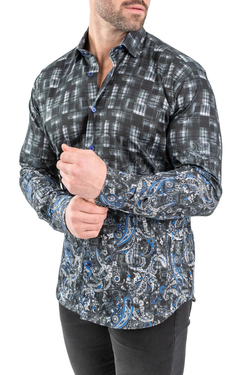 Maceoo Fibonacci Paisleyblue Black Contemporary Fit Button-Up Shirt, Alternate, color, 