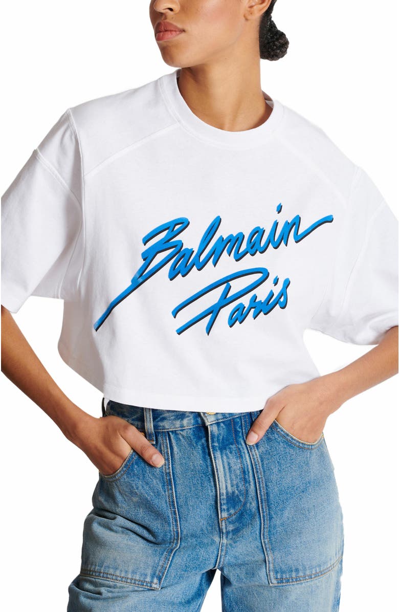 Balmain Cropped T-Shirt With Flocked Balmain Letter Logo, Alternate, color, White