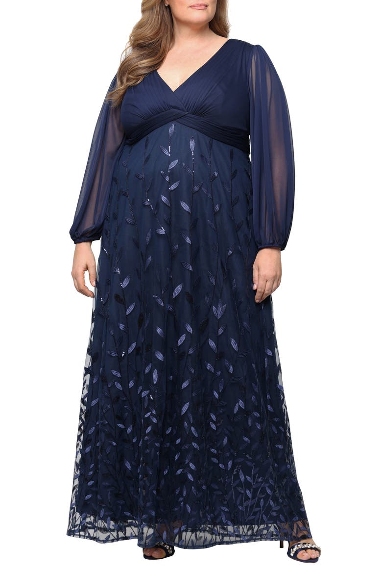 Embroidered Long Sleeve A-Line Gown, Main, color, NAVY