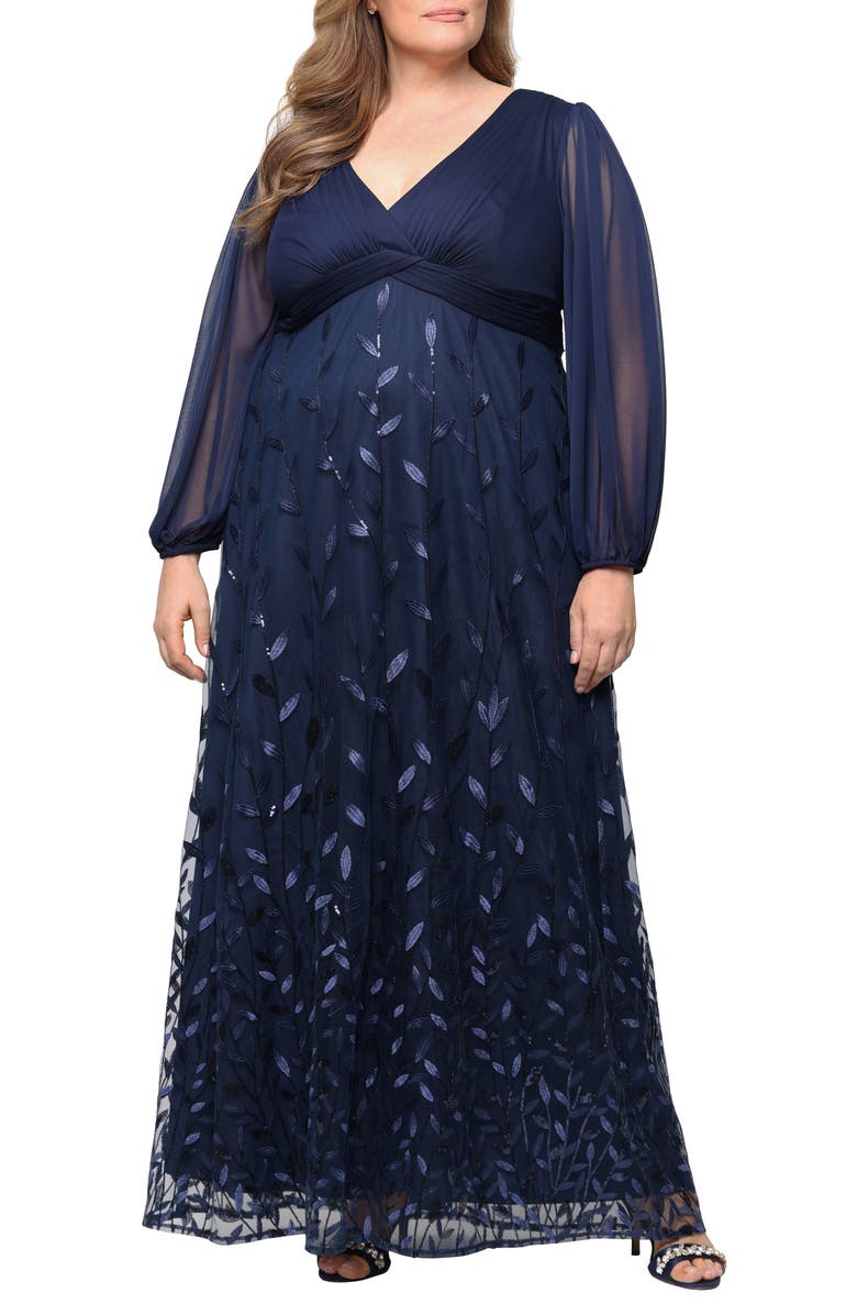 Alex Evenings Embroidered Long Sleeve A-Line Gown, Main, color, Navy
