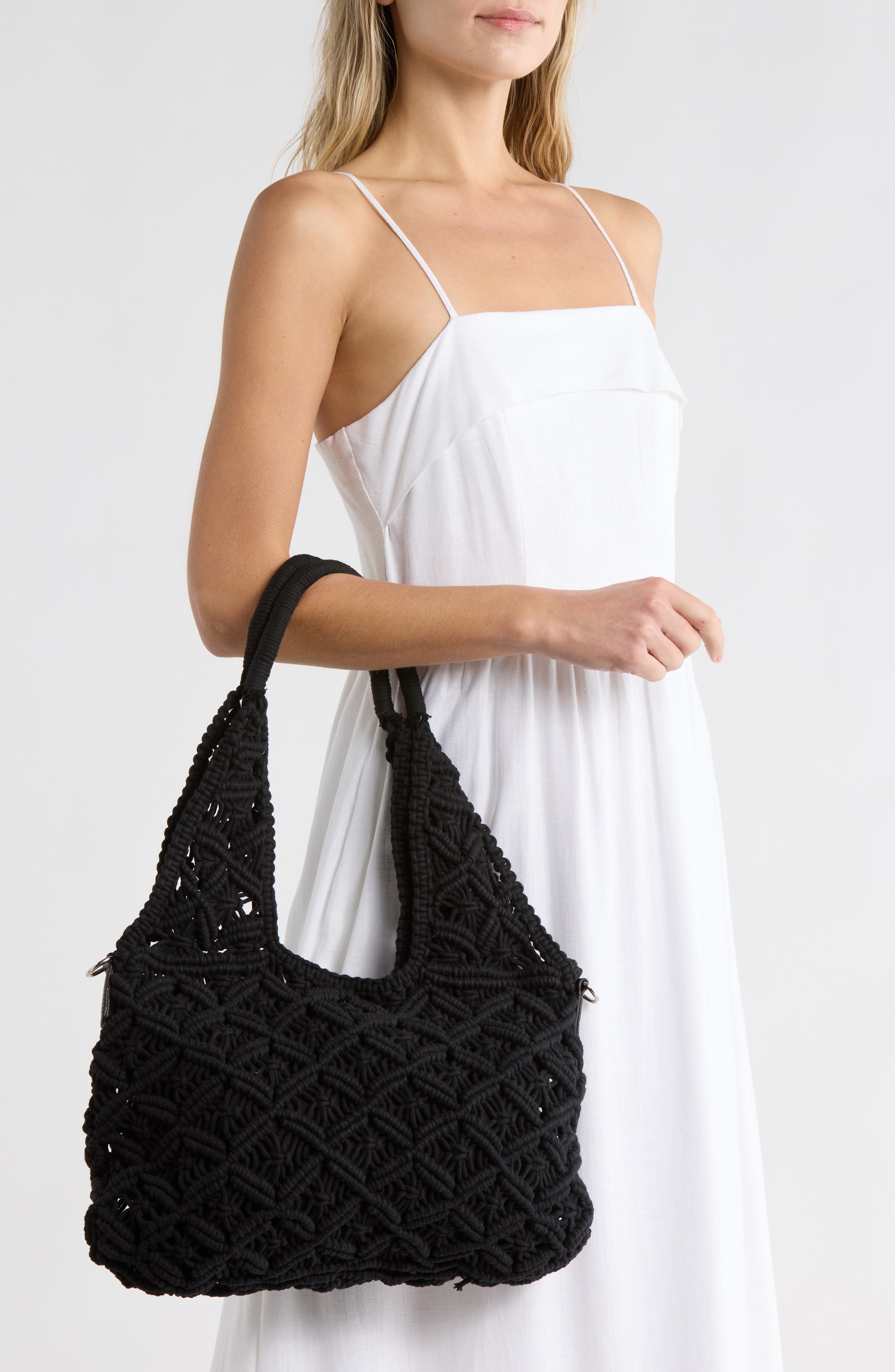 Collection XIIX Large Macramé Tote Bag, Alternate, color, Black