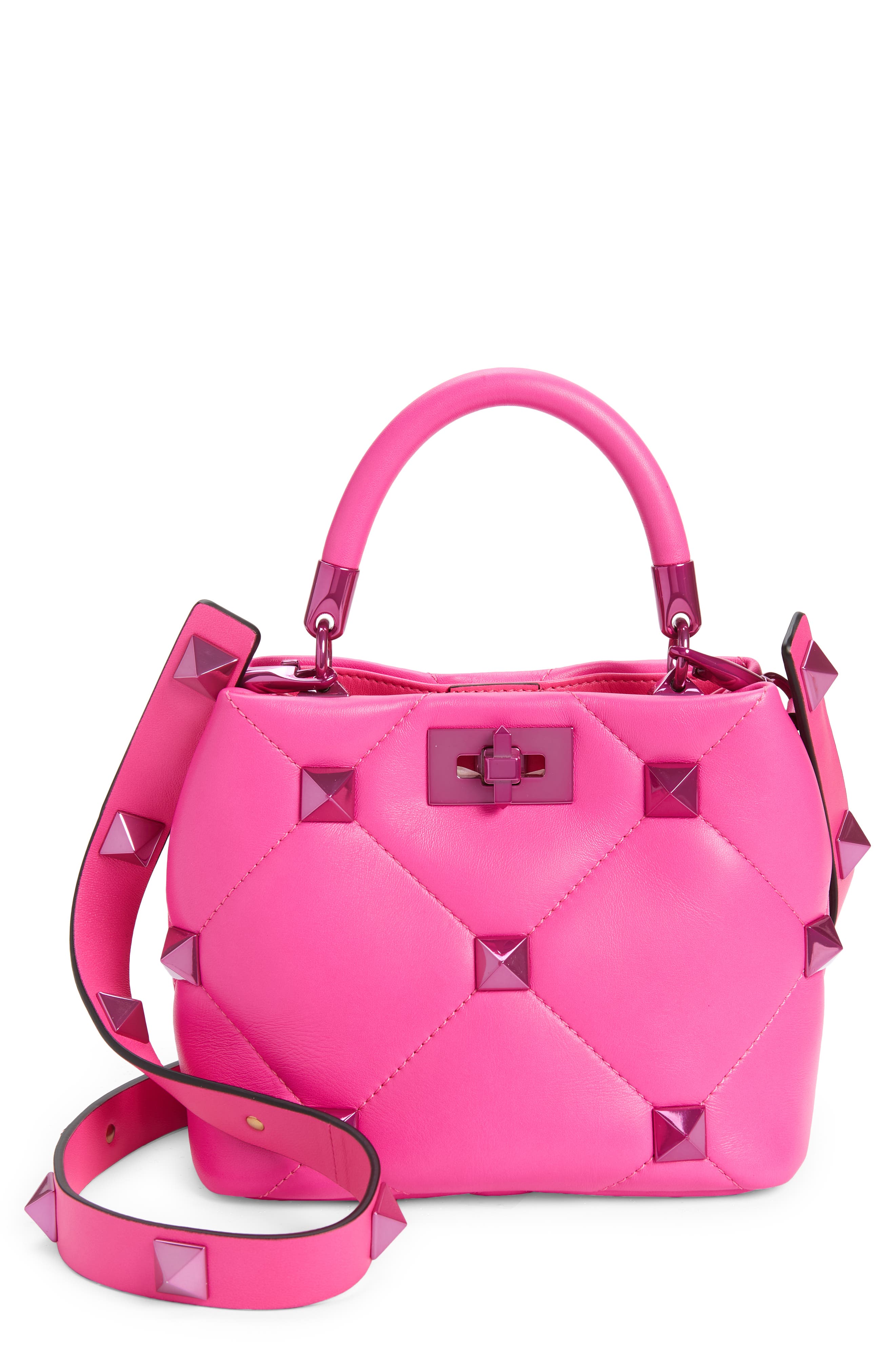 Valentino Garavani Small Roman Stud Pink PP Quilted Leather Top Handle Bag, Main, color, 