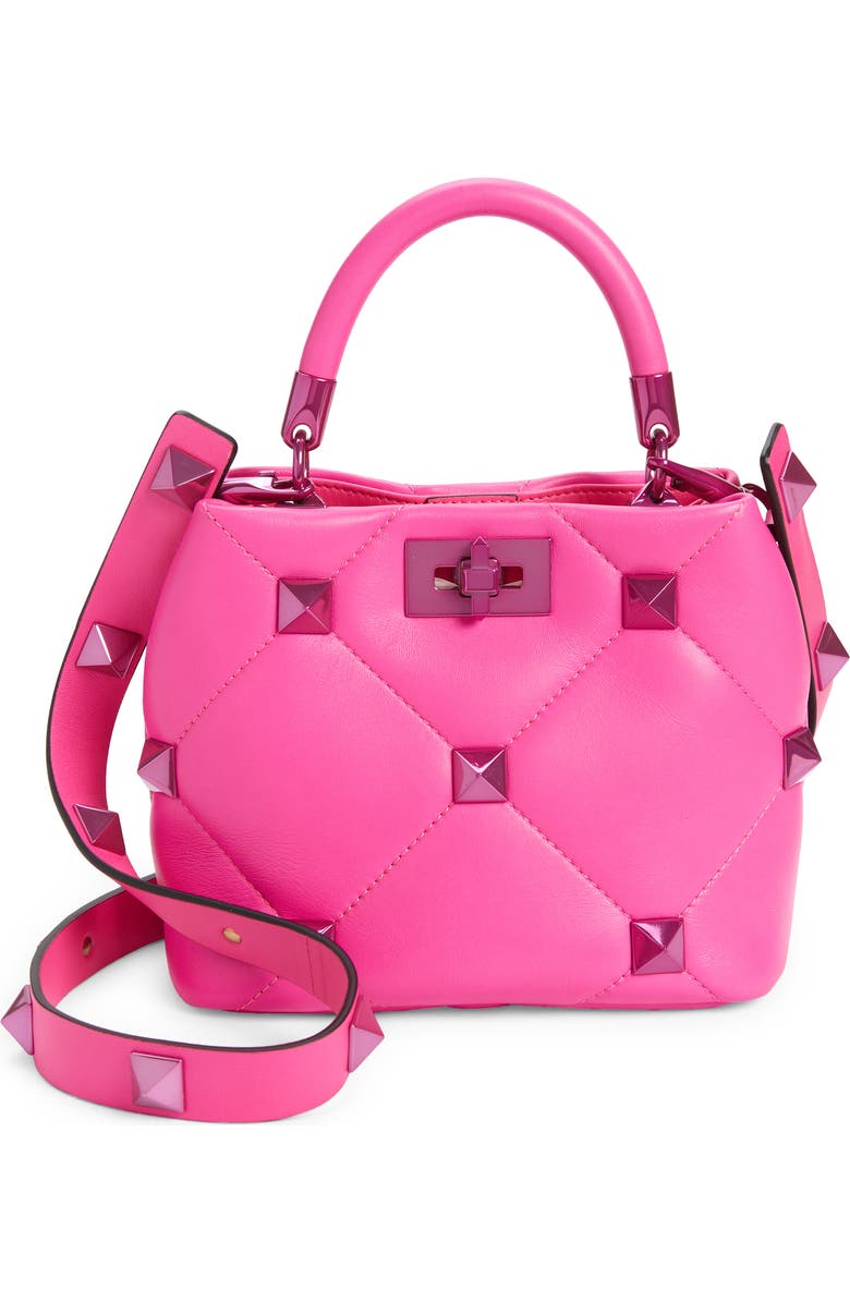 Valentino Garavani Small Roman Stud Pink PP Quilted Leather Top Handle Bag, Main, color,