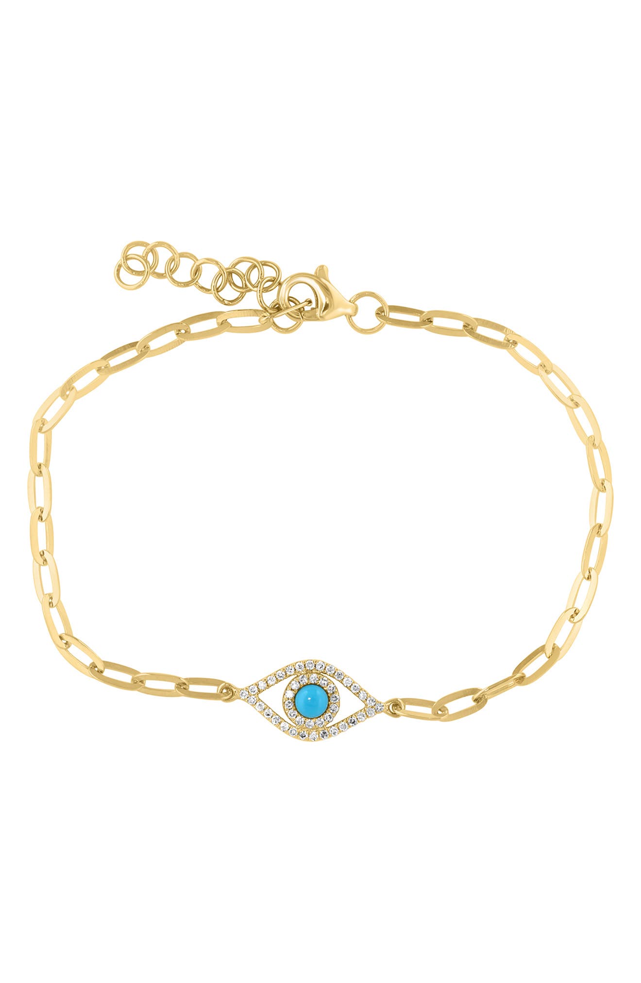 18k Gold Plated Sterling Silver Turquoise & Diamond Evil Eye Paperclip Chain Bracelet