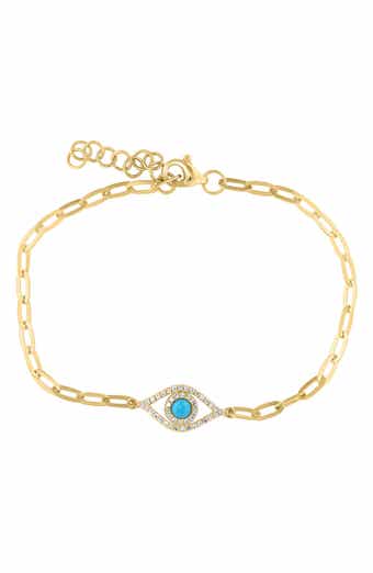 18k Gold Plated Sterling Silver Turquoise & Diamond Evil Eye Paperclip Chain Bracelet