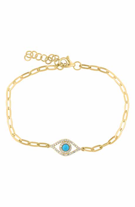 18k Gold Plated Sterling Silver Turquoise & Diamond Evil Eye Paperclip Chain Bracelet