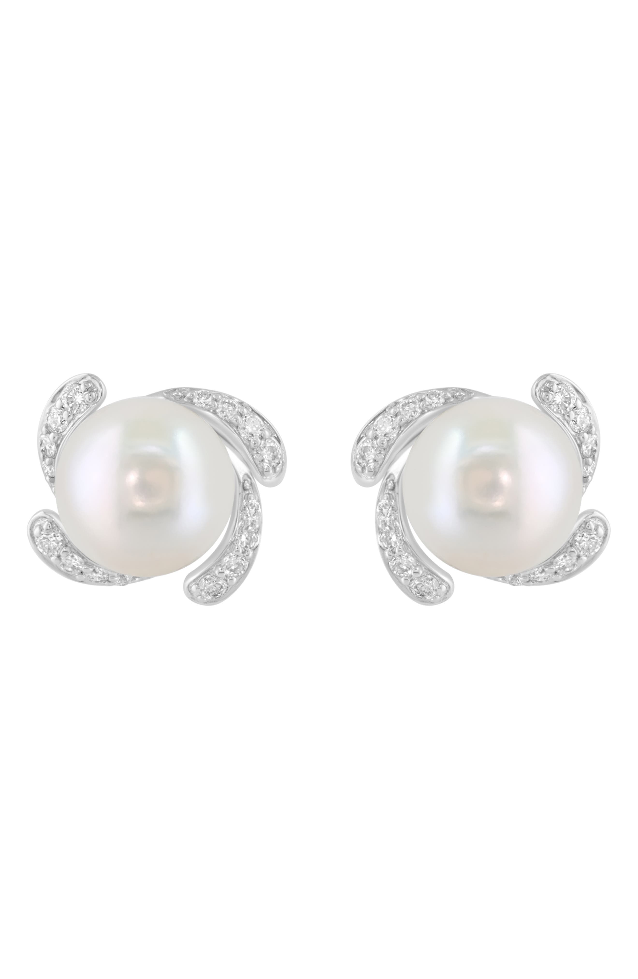 EFFY Sterling Silver Freshwater Pearl & Diamond Stud Earrings