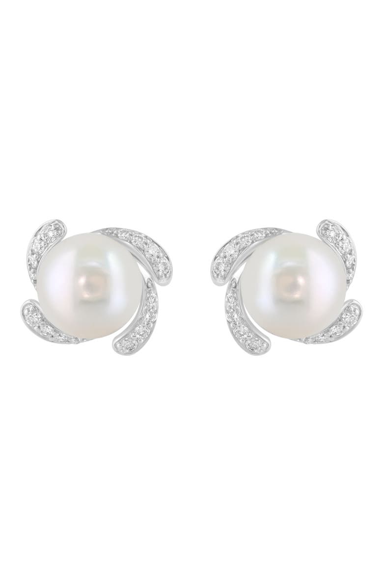 Sterling Silver Freshwater Pearl & Diamond Stud Earrings, Main, color, WHITE