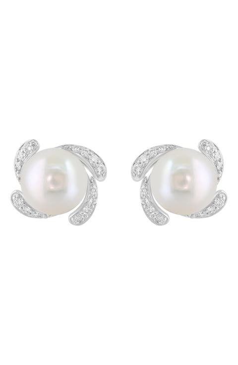 Sterling Silver Freshwater Pearl & Diamond Stud Earrings