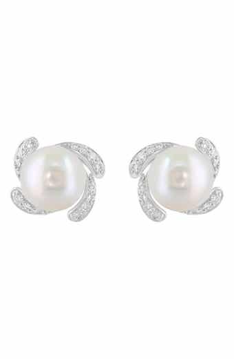 Sterling Silver Freshwater Pearl & Diamond Stud Earrings