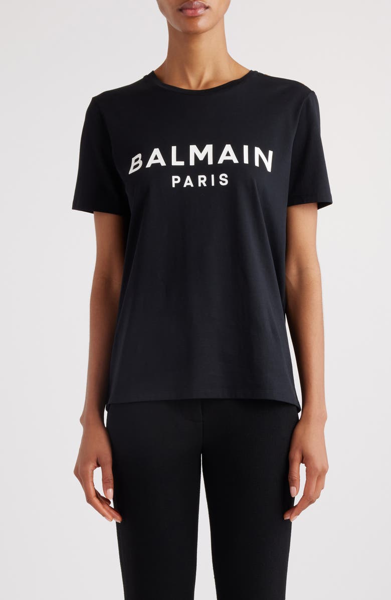 Balmain Button Shoulder Cotton Logo Graphic T-Shirt, Main, color, Eab Black/ White