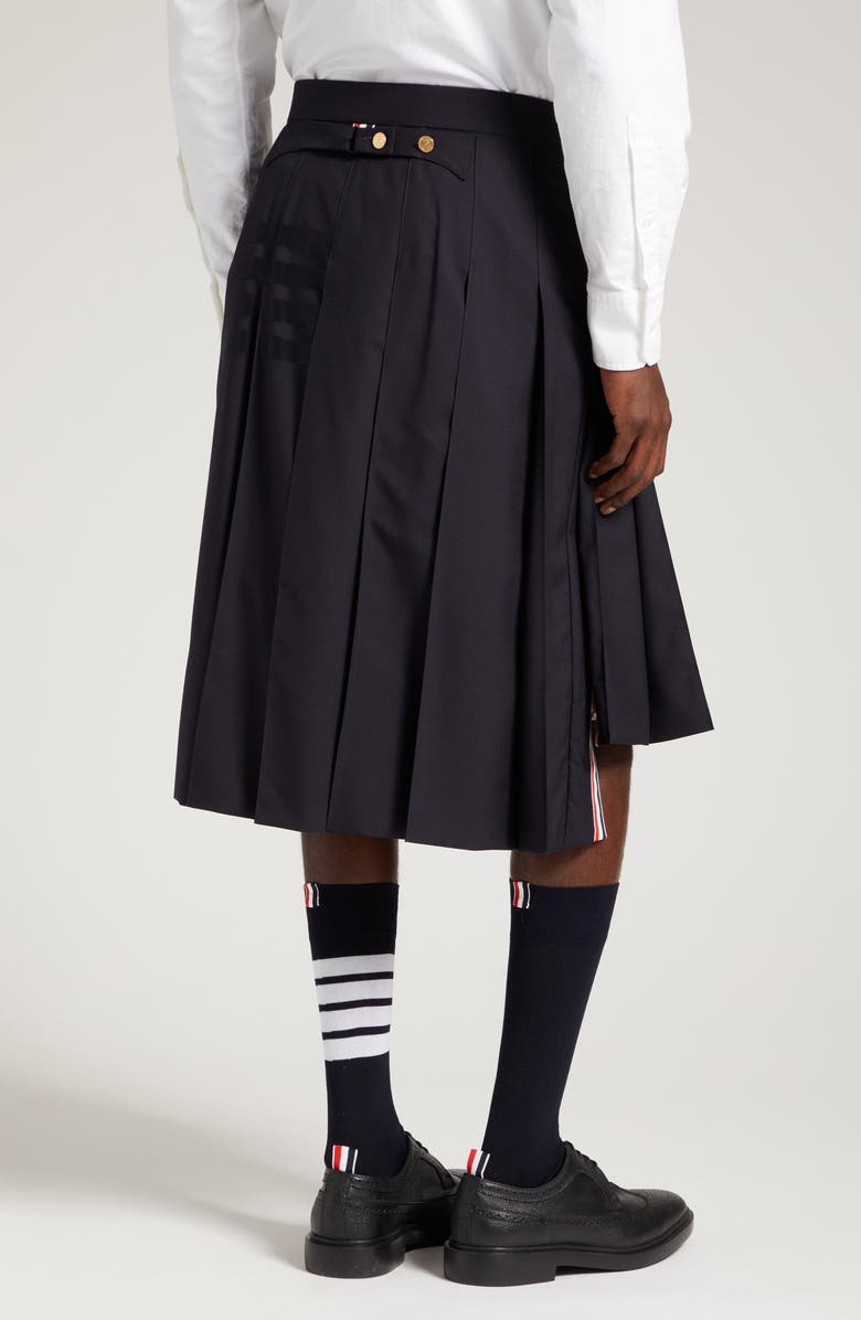 Thom Browne 4-Bar Pleated Back Strap High-Low Wool Skirt, Alternate, color, Dark Blue