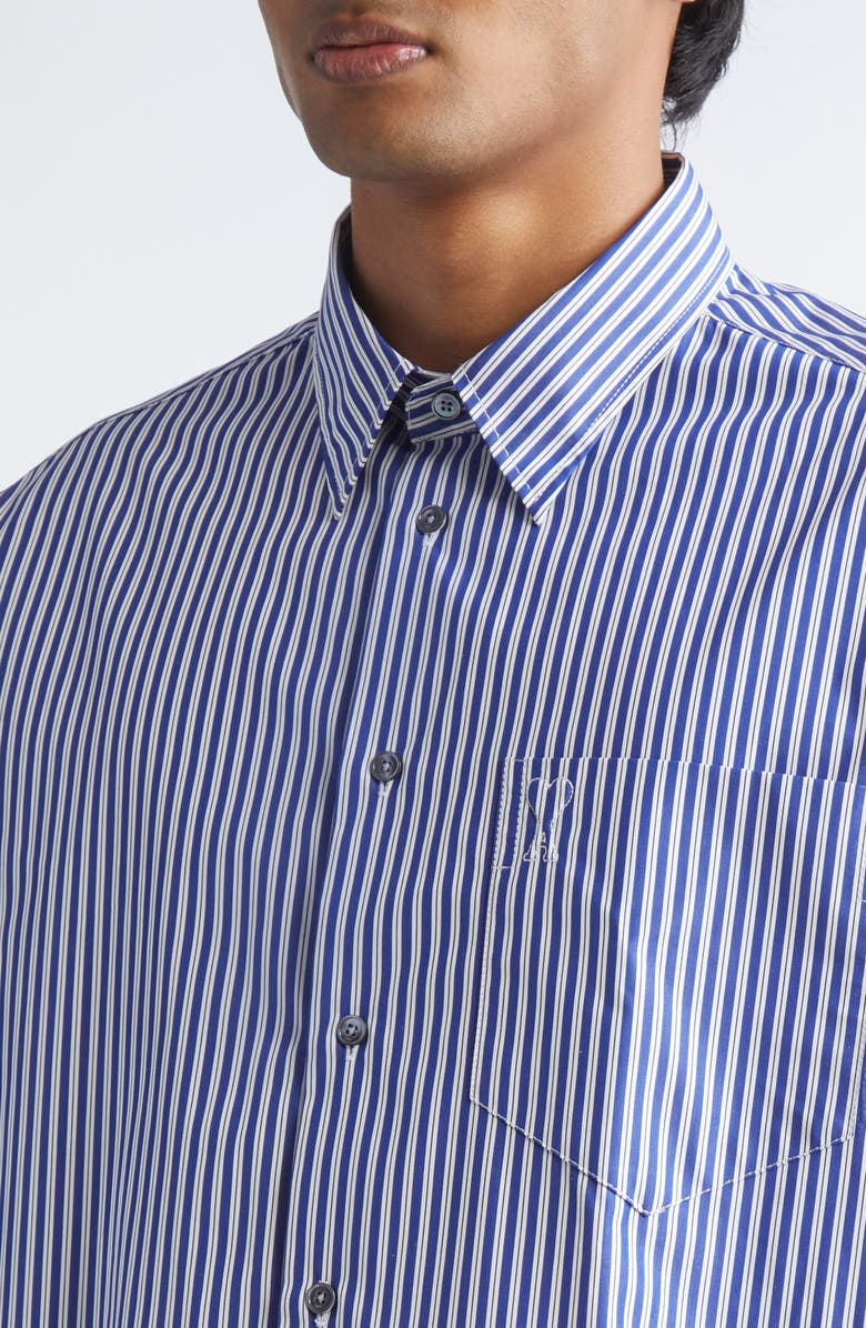 AMI PARIS Boxy Fit Ami de Coeur Stripe Cotton Poplin Button-Up Shirt, Alternate, color, Bleu Roi/ Blanc/ Noir